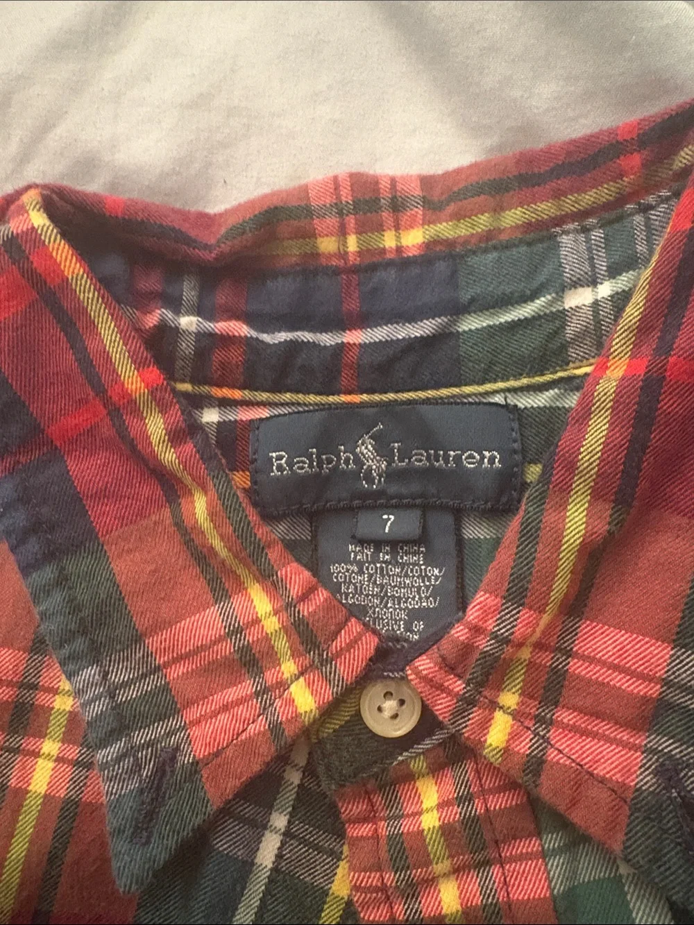 Ralph Lauren Red, Green & Navy Plaid Button-Down Shirt size 7
